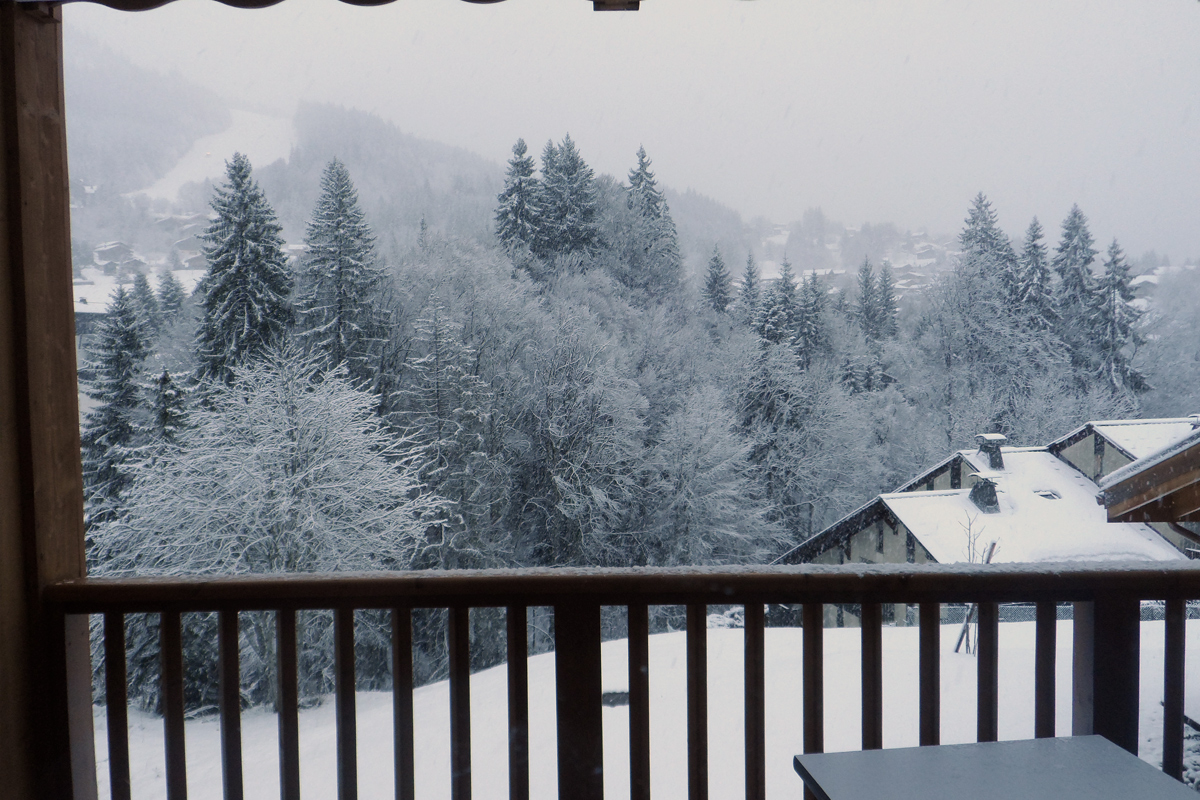 The balcony view from Les Chalets de Leana in Les Carroz, Grand Massif