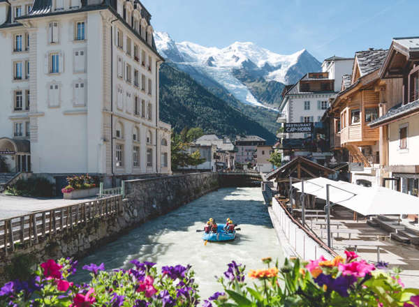 Chamonix town centre and rafting on the river